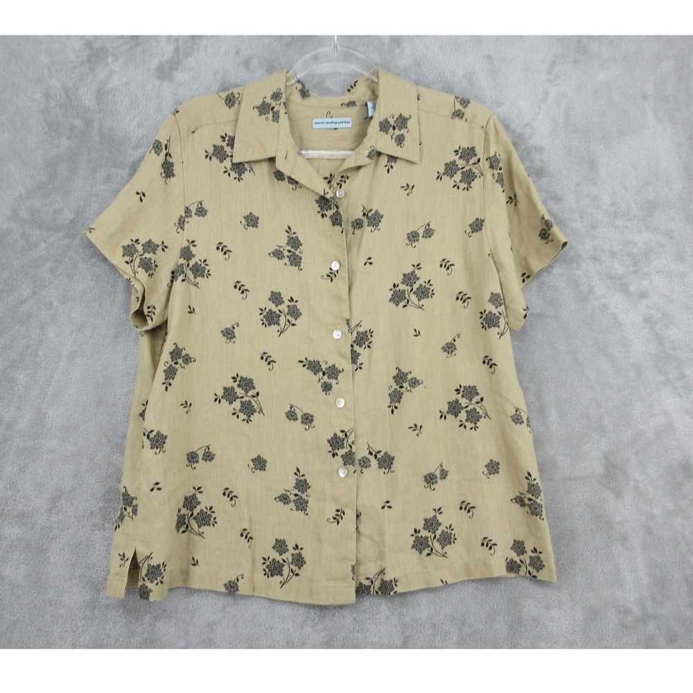 Marsh Landing Shirt Womens L Petite Tan Floral Linen Button Front Boho Relaxed